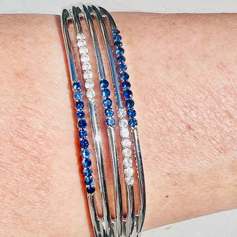 Sterling Silver Multi-Row Blue & White Sapphire Bangle Bracelet- Estate Sale